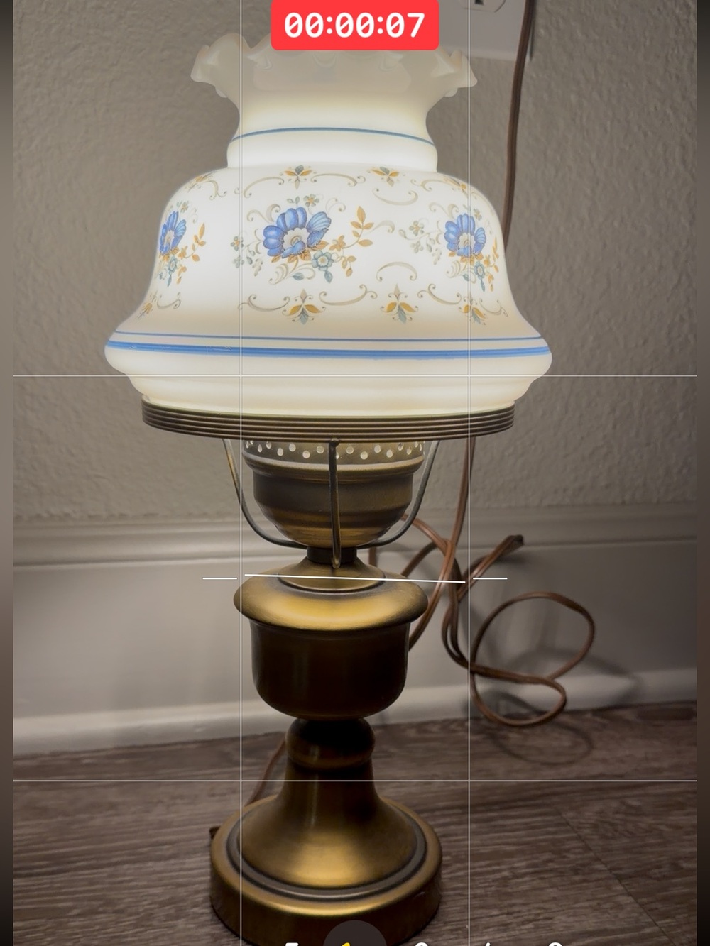 Antique-Style White Floral Glass Accent Lamp with Brass Base hurricane 1973